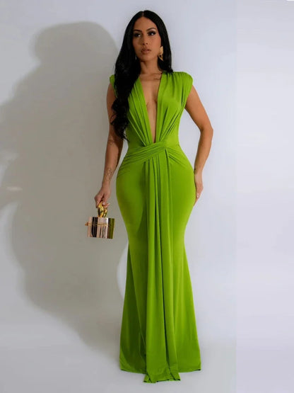 Elegant Ruched Bodycon Maxi Dress with deep V-neck for Women special evening out.