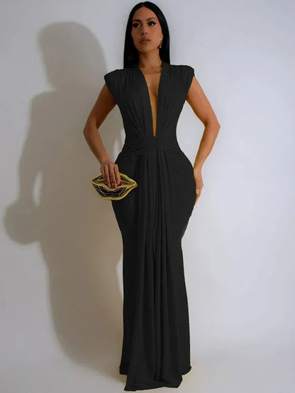 Elegant Ruched Bodycon Maxi Dress with deep V-neck for Women special evening out.