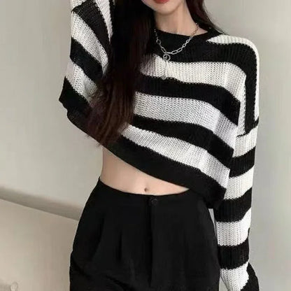 Korean Style Oversized Striped Cropped Sweater