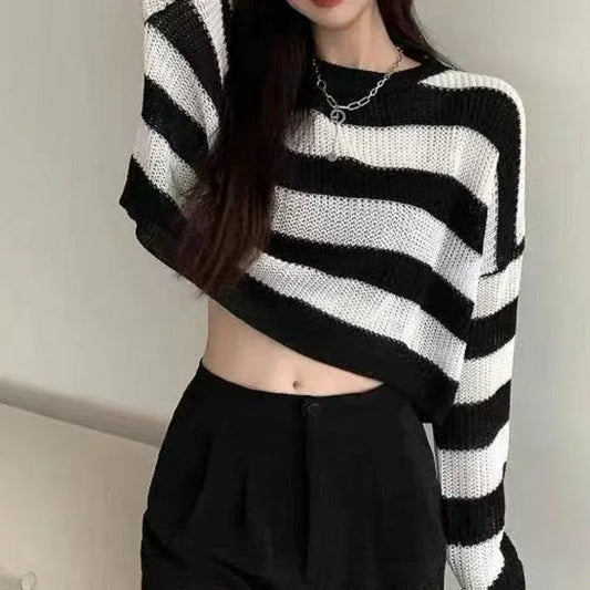 Korean Style Oversized Striped Cropped Sweater