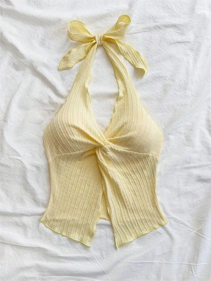 Yellow V-neck Halter Neck Top for Women