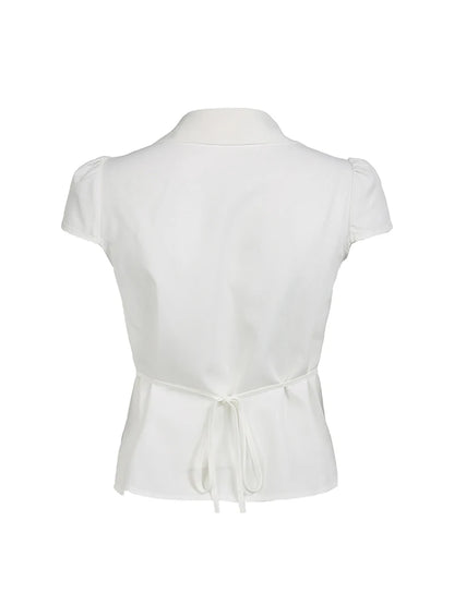 Solid Shirring Button Up Turn Down Collar Short Sleeve Shirts