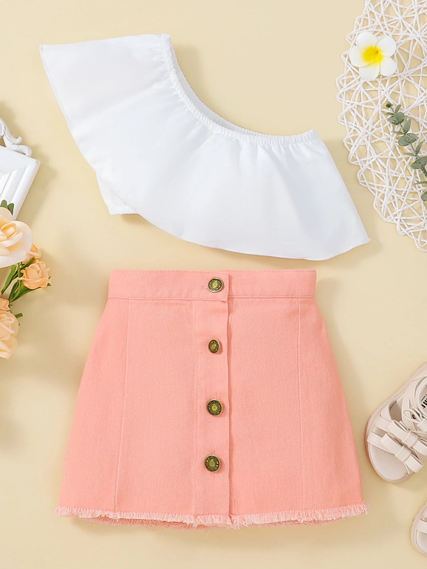 Girl's Flounce Off-Shoulder Top with Button Detailing and High-Waisted Skirt Set