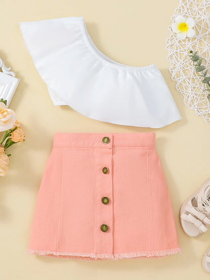 Girl's Flounce Off-Shoulder Top with Button Detailing and High-Waisted Skirt Set