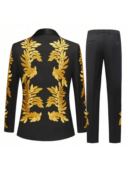 Men's floral embroidery slim-fitting single-button two-piece suit.