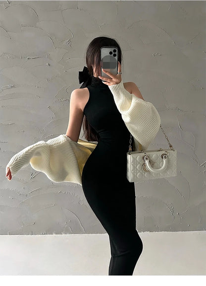 Elegant Red Sexy Bodycon Turtleneck Midi Dress for Women