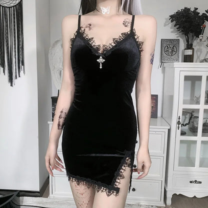 Dark Cross Vintage, Black Mini Dress with high Waist, Slit and  Spaghetti Strap