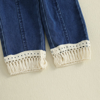 Kids Girls Pants Set, Sleeveless Knit Camisole with Elastic Waist Tasseled Jeans