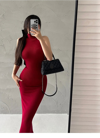 Elegant Red Sexy Bodycon Turtleneck Midi Dress for Women