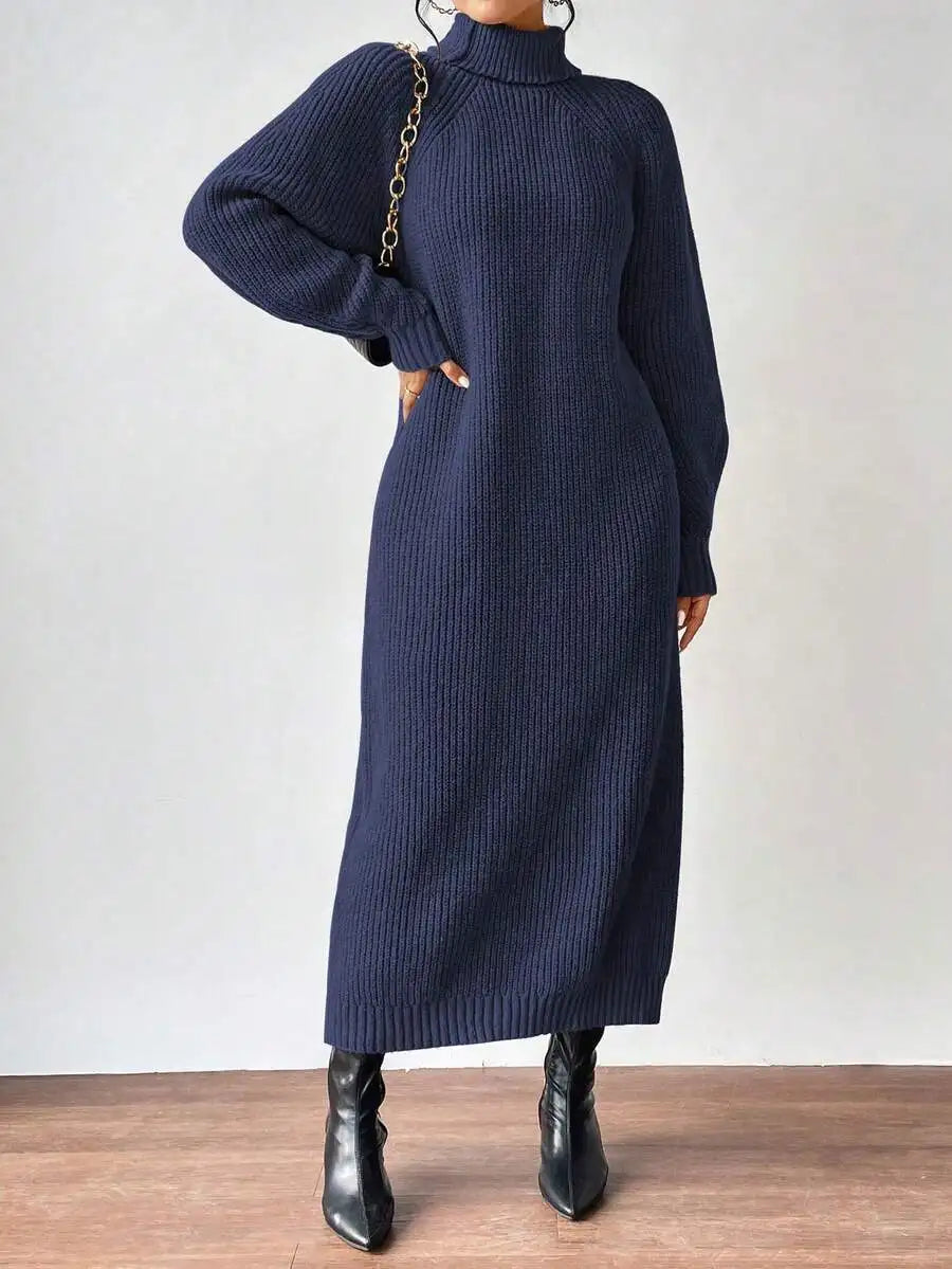 Black Turtleneck Ribbed Knit Long Sleeve Sweater Dress for Women