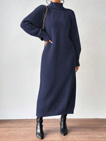 Black Turtleneck Ribbed Knit Long Sleeve Sweater Dress for Women