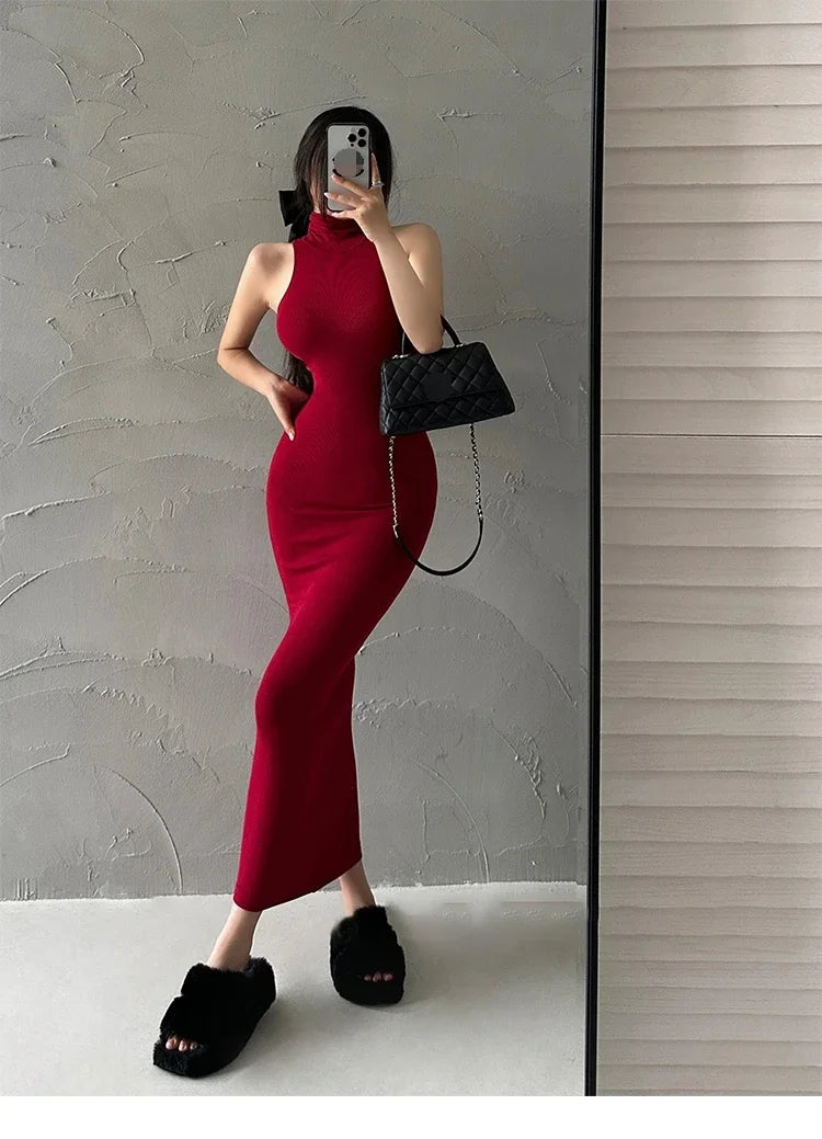 Elegant Red Sexy Bodycon Turtleneck Midi Dress for Women