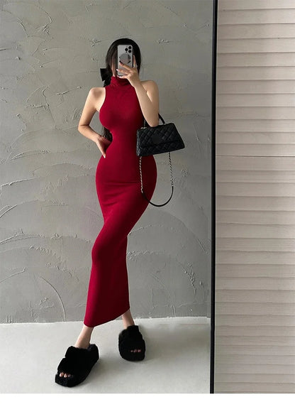 Elegant Red Sexy Bodycon Turtleneck Midi Dress for Women
