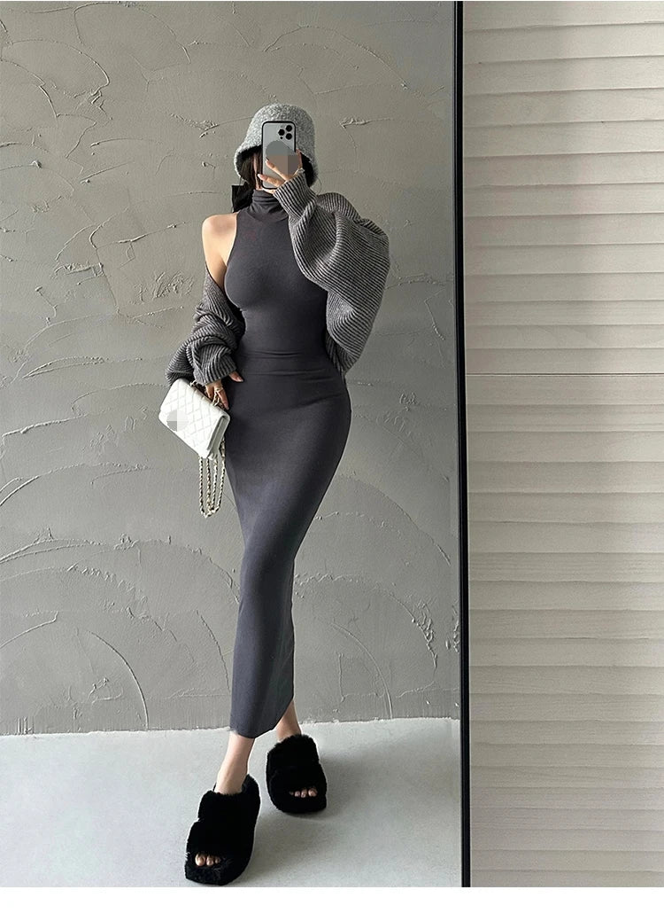 Elegant Red Sexy Bodycon Turtleneck Midi Dress for Women