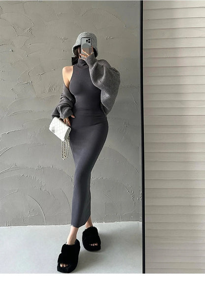 Elegant Red Sexy Bodycon Turtleneck Midi Dress for Women