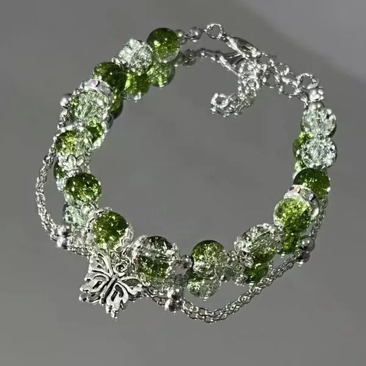 Glass Crystal Beaded Bracelets with Chic Butterfly Tassel Pendant  for Women