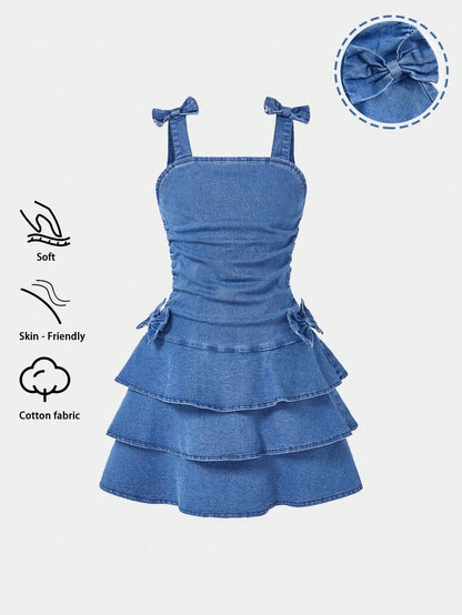 Girls Denim Tiered Ruffle Dress with Bowknot Straps
