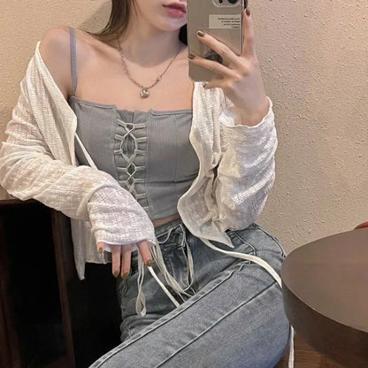 White Tie Up Summer Sunscreen Cardigan Women Long Sleeve Sheer Mesh Crop Tops Woman Casual Lace Thin Sun Protection Shirts😊

Women White Tie Up Sunscreen Long Sleeve Mesh Cardigan