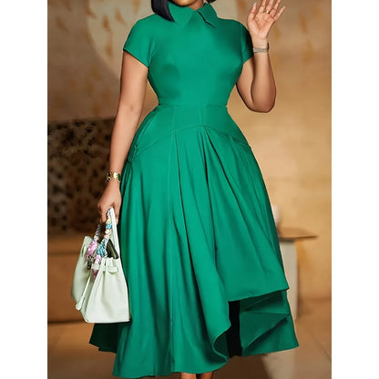 Elegant O Neck Short Sleeve, Asymmetric Pleated hem Party Dress
