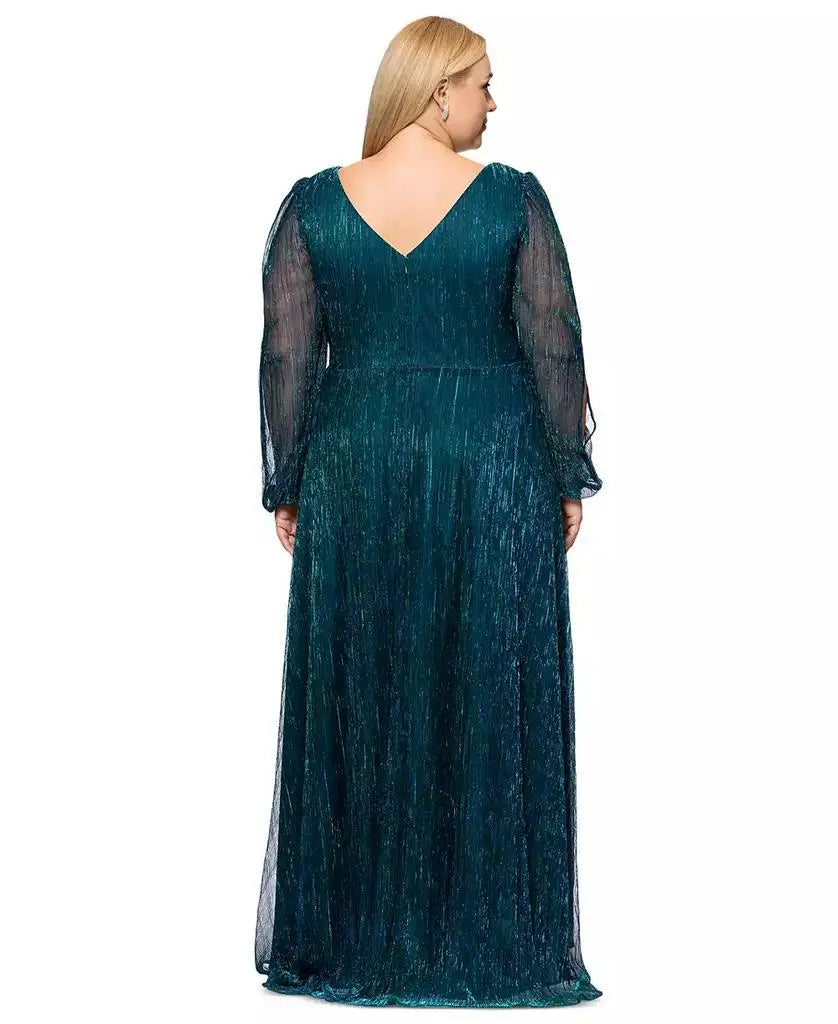 Plus Size Metallic Pleated Split-Sleeve Gown