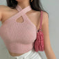 Women Summer Knit Cross Neck Crop Tops