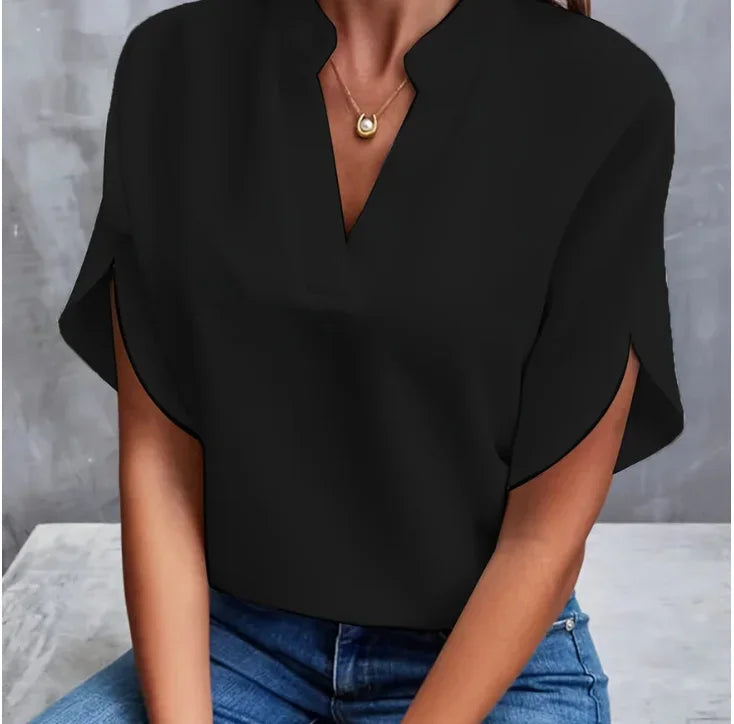 Elegant Women's Blouse New V-neck Short Sleeve 

Solid Color Loose Shirt Casual White Tops Office Lady Blouses