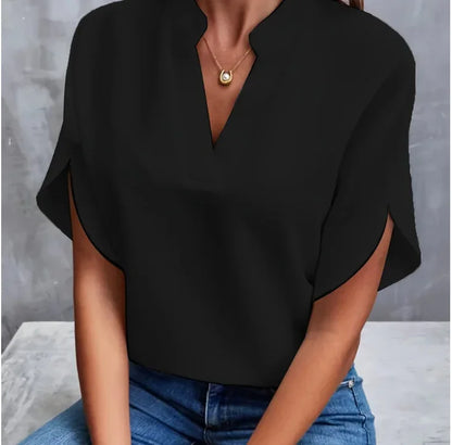 Elegant Women's Blouse New V-neck Short Sleeve 

Solid Color Loose Shirt Casual White Tops Office Lady Blouses