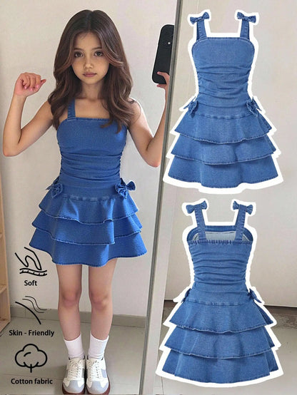 Girls Denim Tiered Ruffle Dress with Bowknot Straps