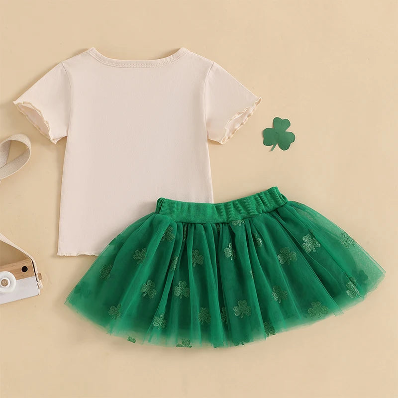 St Patrick s Day Short Sleeved Skirt and top set with Shamrock Print Short Sleeve