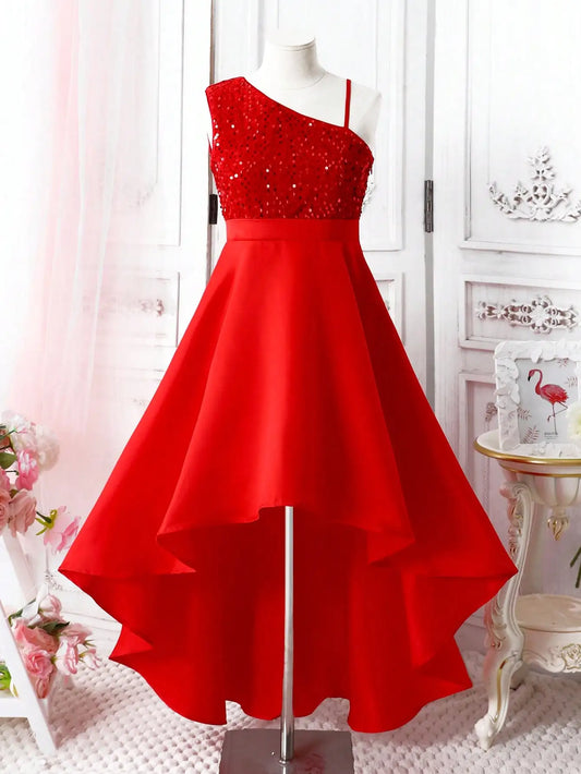 Red One-Shoulder Sequin High-Low Party Dress for Teen Girls