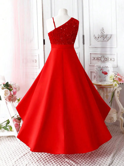 Red One-Shoulder Sequin High-Low Party Dress for Teen Girls