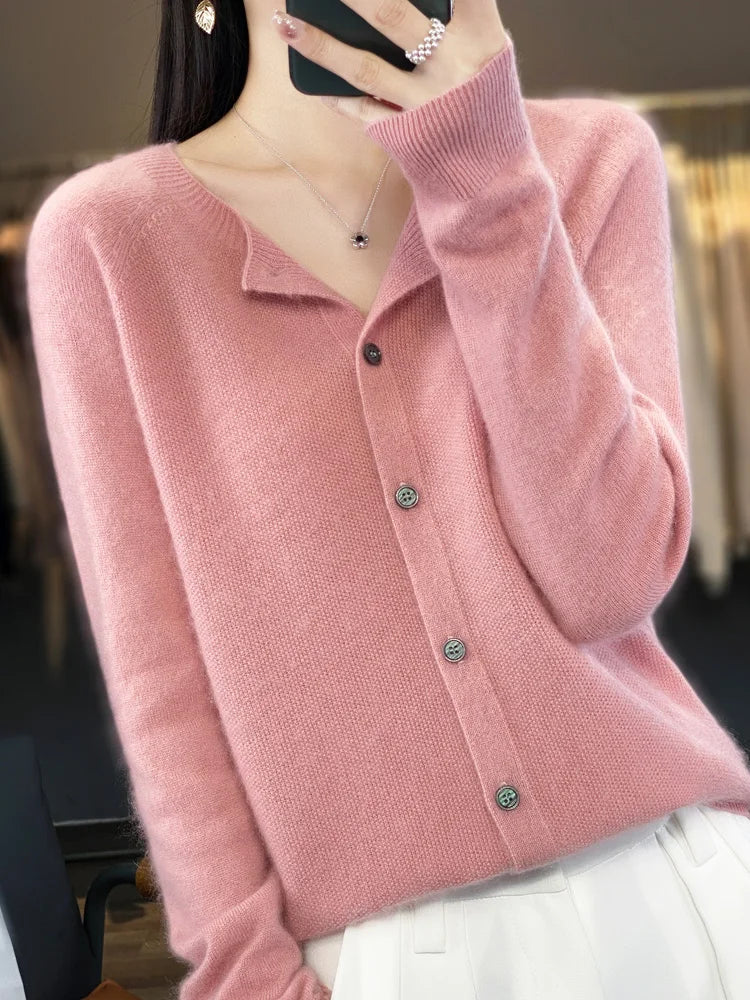 100% Merino Wool Long Sleeve Sweater/Cashmere Cardigan for Spring