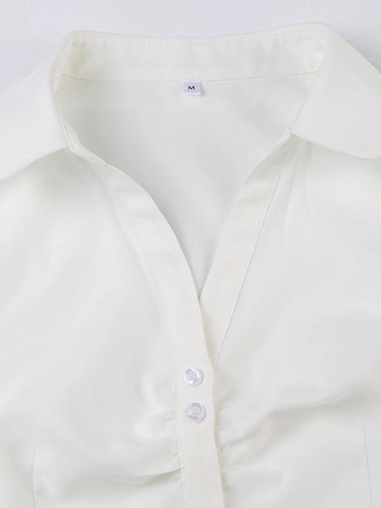 Solid Shirring Button Up Turn Down Collar Short Sleeve Shirts