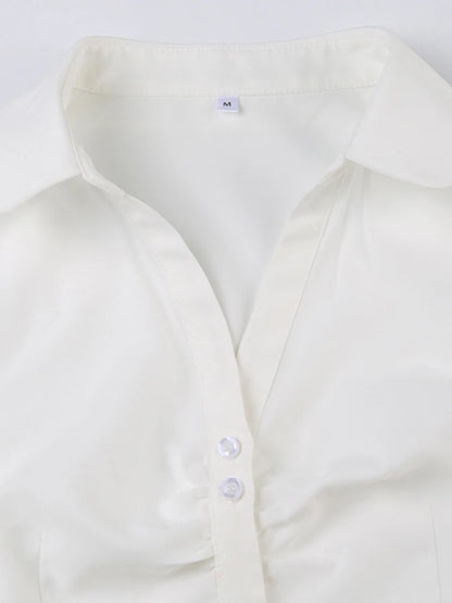Solid Shirring Button Up Turn Down Collar Short Sleeve Shirts
