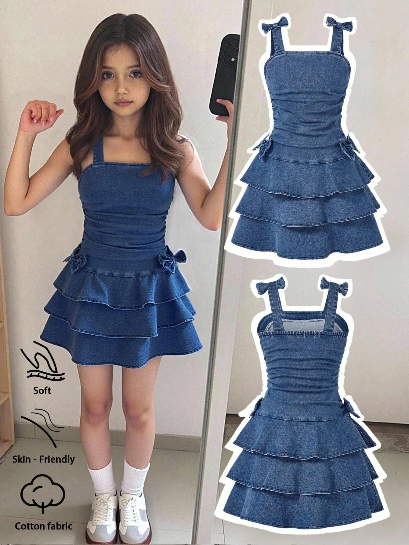 Girls Denim Tiered Ruffle Dress with Bowknot Straps