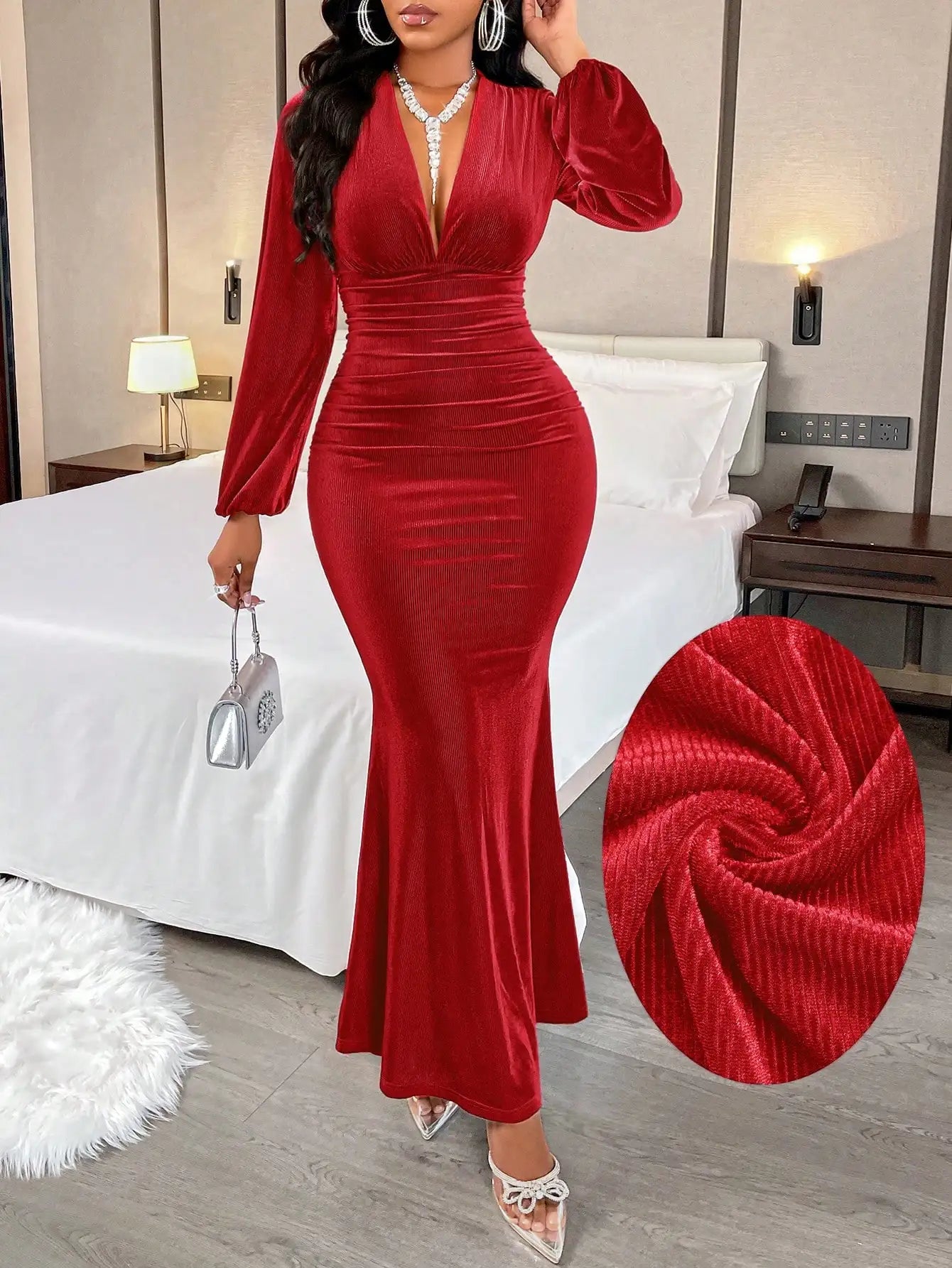 Elegant V-Neck Pleated Velvet  Mermaid Dress For Party