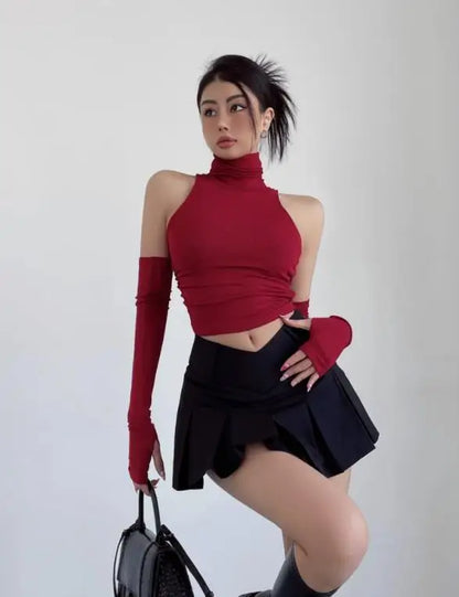 Sexy High Neck Pleated Tank Top