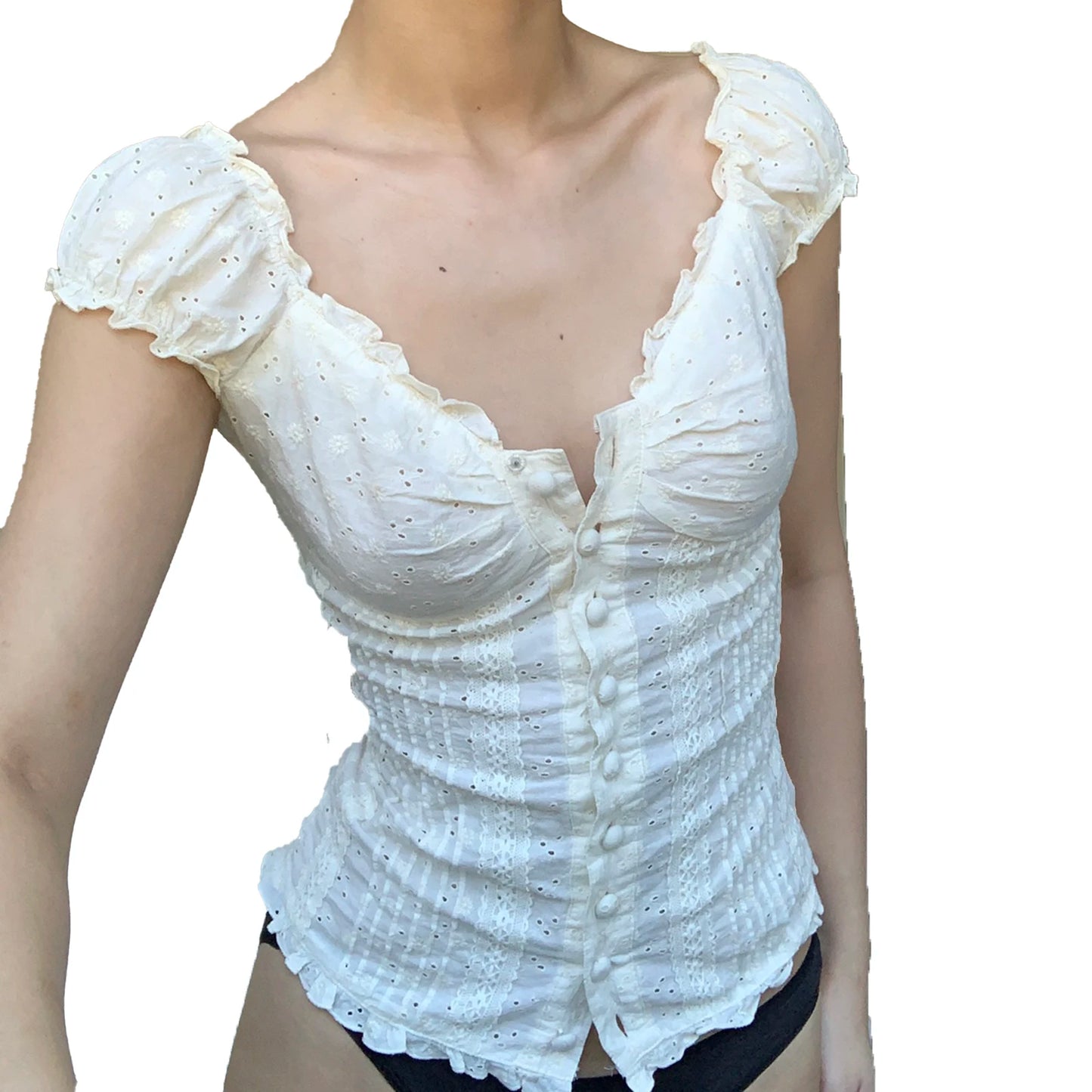 Women Short Sleeve Square Neck Button Down Blouse