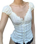 Women Short Sleeve Square Neck Button Down Blouse