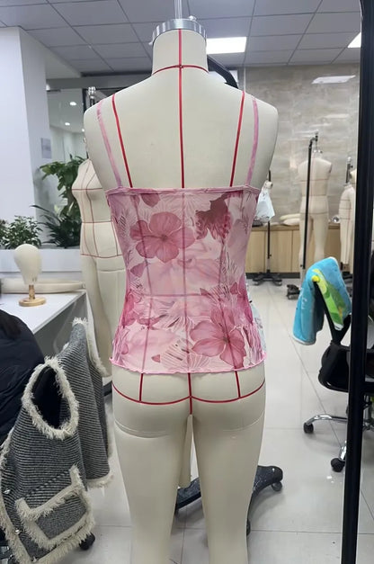 Women Summer Vintage Sleeveless Spaghetti Strap Floral Print Crop Top