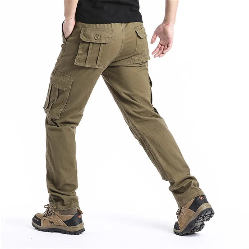 Large Pocket Loose Tactical Pants Elastic Waist Pure Cotton Casual Work Pants