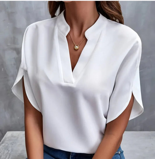 Elegant Women's Blouse New V-neck Short Sleeve 

Solid Color Loose Shirt Casual White Tops Office Lady Blouses