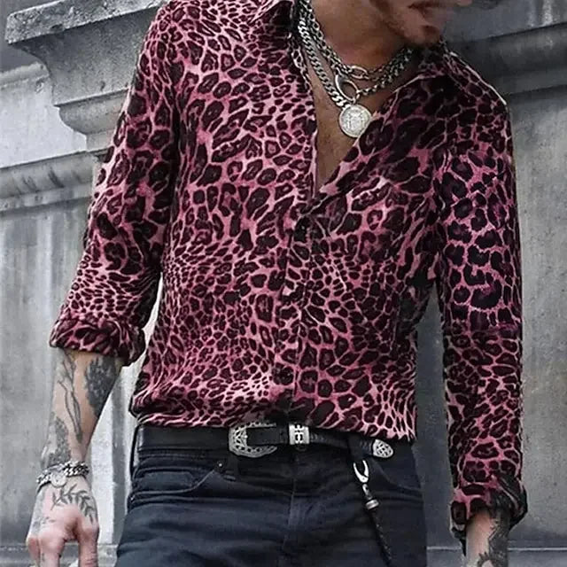 2024 Leopard Print Long Sleeved  Lapel Button men's/Unisex Shirt