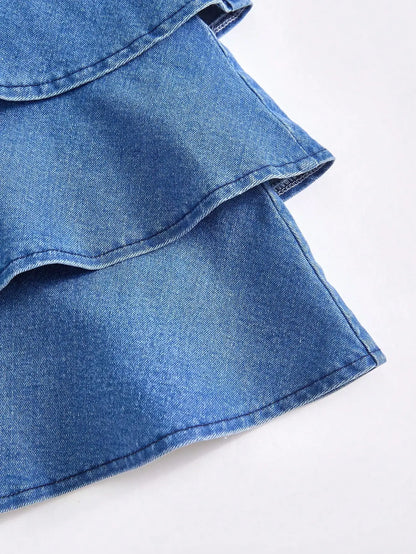 Girls Denim Tiered Ruffle Dress with Bowknot Straps