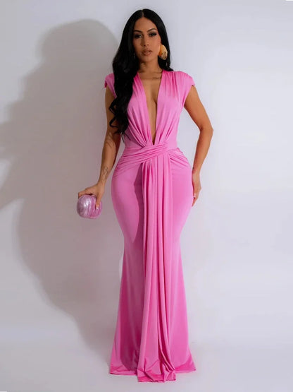 Elegant Ruched Bodycon Maxi Dress with deep V-neck for Women special evening out.