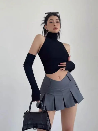 Sexy High Neck Pleated Tank Top