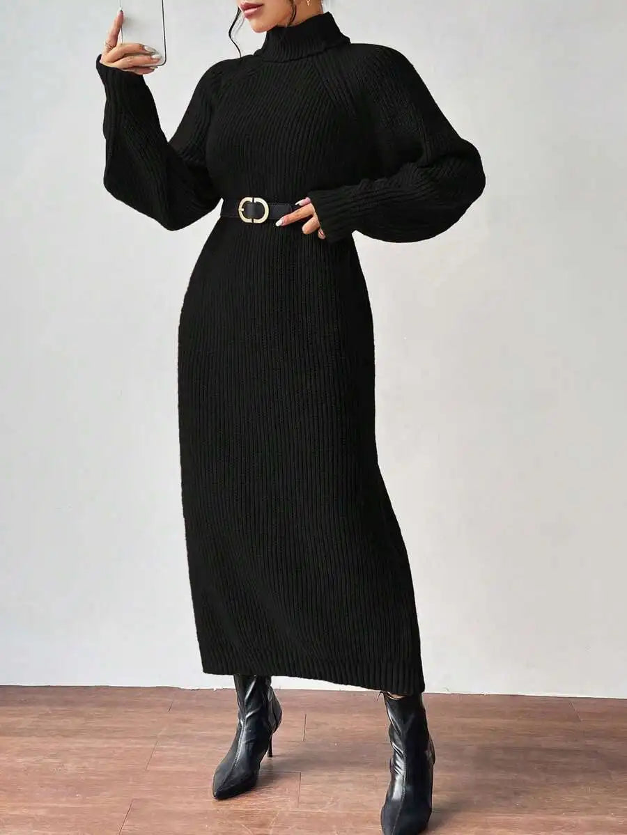 Black Turtleneck Ribbed Knit Long Sleeve Sweater Dress for Women
