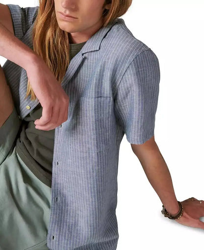 Men's Stripe Linen Short Sleeve Camp Collar Shirt