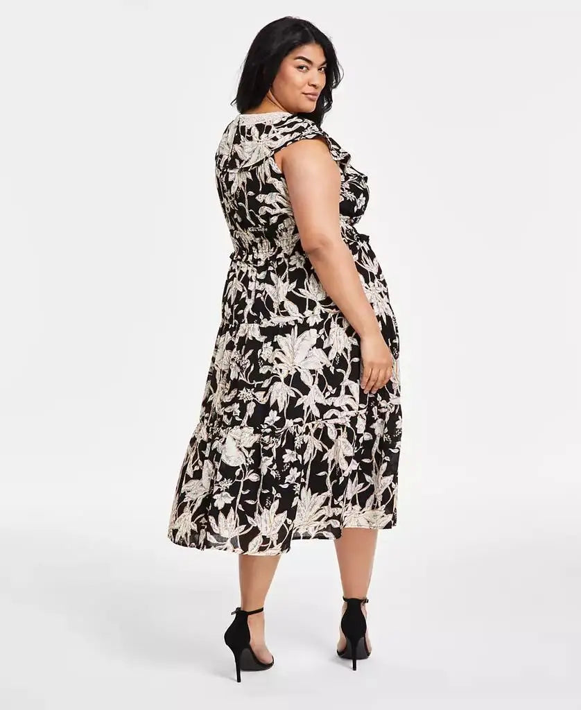 Plus Size Printed V-Neck Fit & Flare Dress
