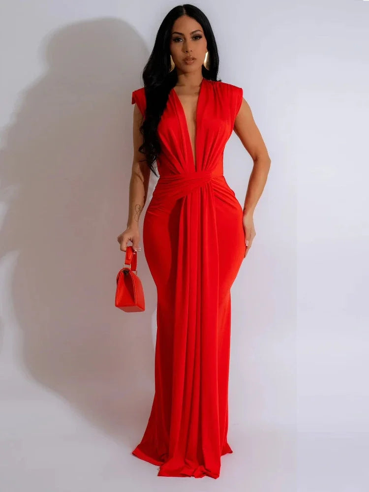 Elegant Ruched Bodycon Maxi Dress with deep V-neck for Women special evening out.